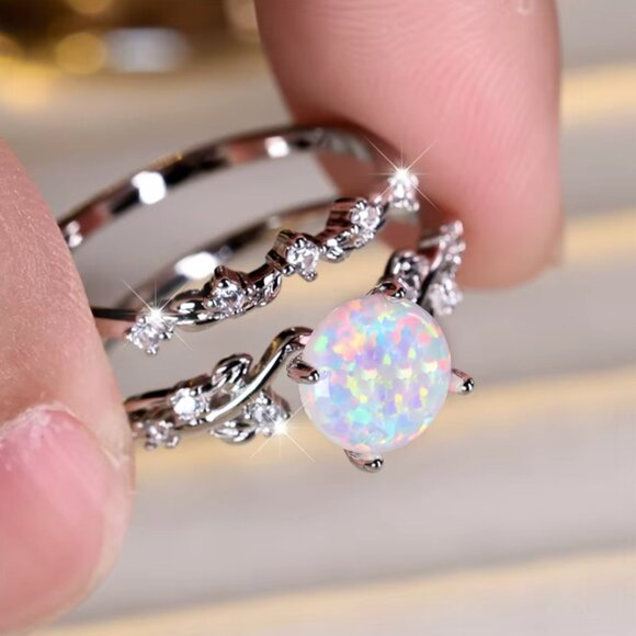 NEW 14k White Gold Opal Diamond Ring Band Set of 2 Rings - Picture 1 of 6